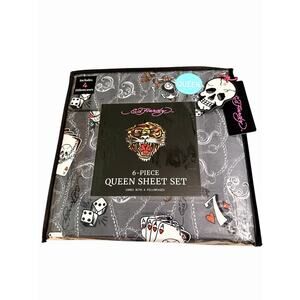 Ed Hardy Gray Cards Dice Skull Queen Sheet Set 6-Piece w/ 4 Pillowcases Sheets